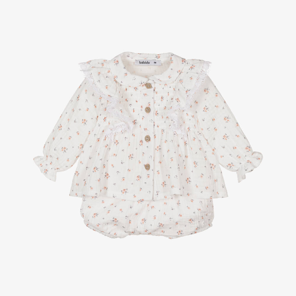 Babidu-Girls Ivory Floral Shorts Ensemble | Childrensalon Outlet