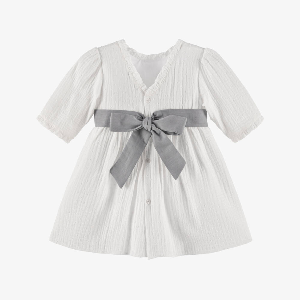 Babidu-Girls Ivory Plumeti Bow Dress | Childrensalon Outlet