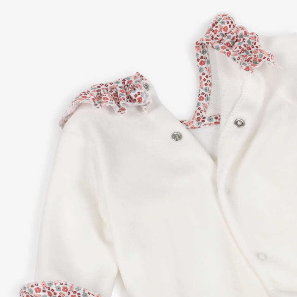 Babidu-Girls Ivory Velour Babygrow with Pink Floral Ruffles | Childrensalon Outlet