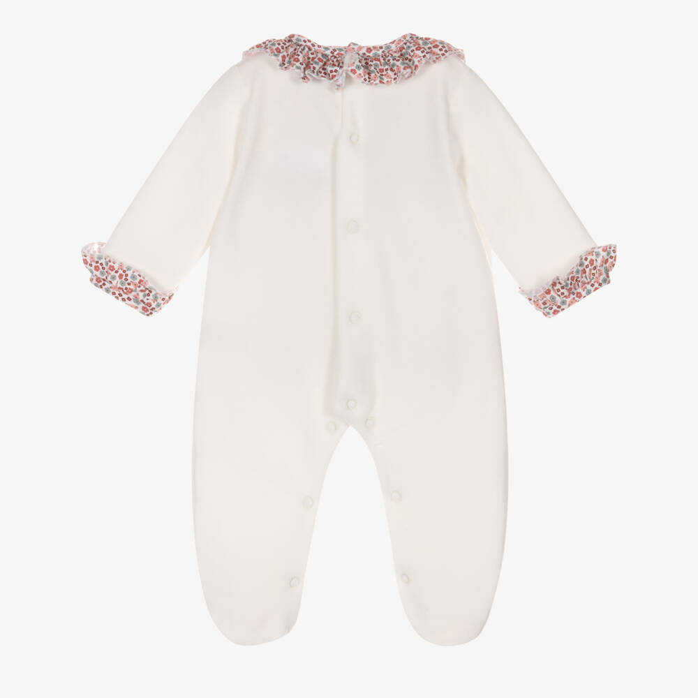 Babidu-Girls Ivory Velour Babygrow with Pink Floral Ruffles | Childrensalon Outlet