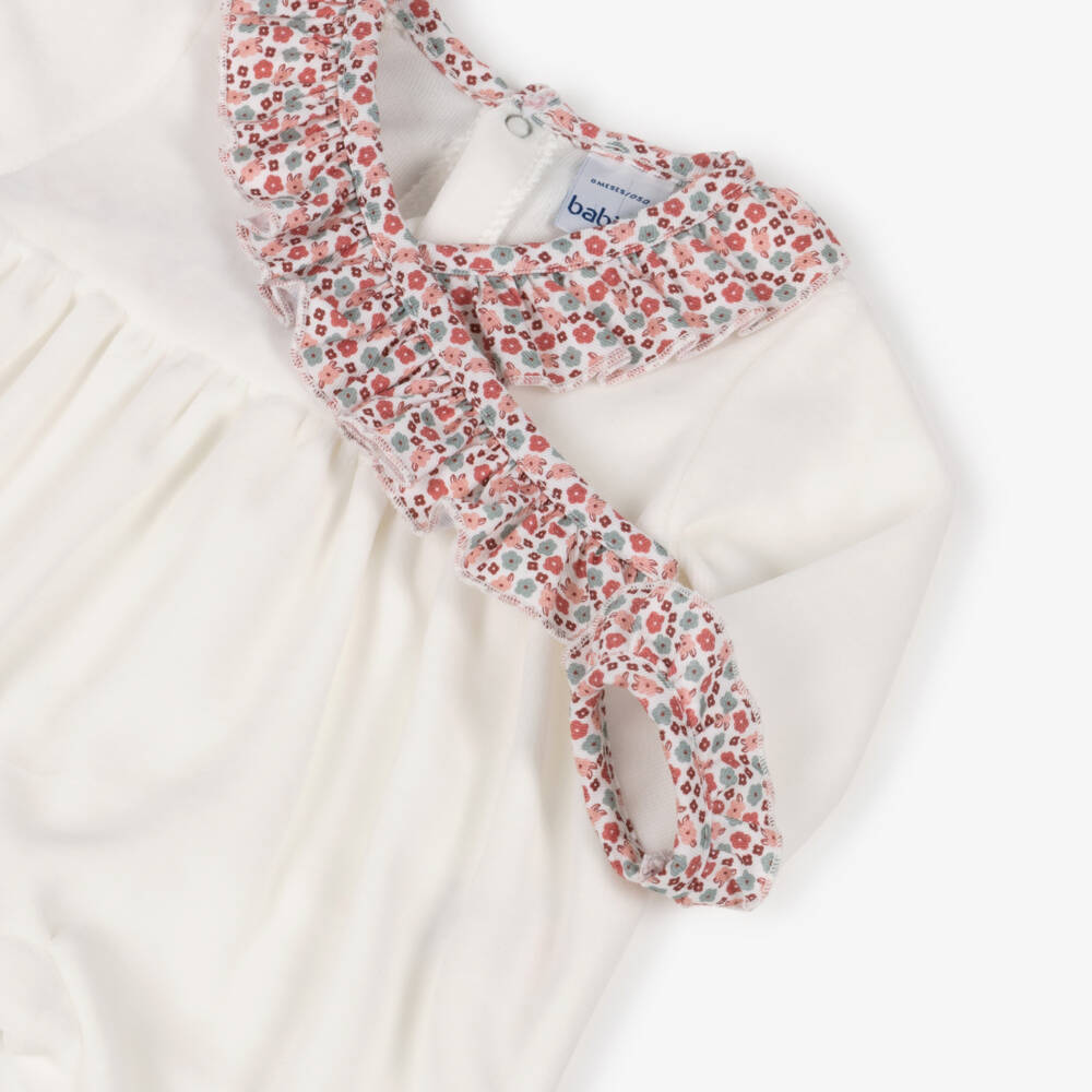 Babidu-Girls Ivory Velour Babygrow with Pink Floral Ruffles | Childrensalon Outlet