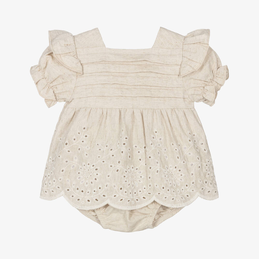 Babidu-Girls Linen & Cotton Beige Frock | Childrensalon Outlet