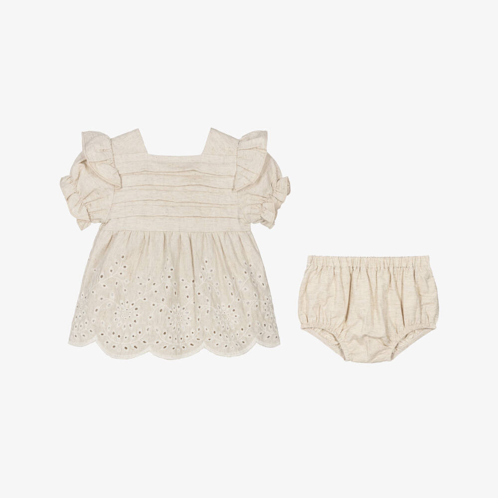 Babidu-Girls Linen & Cotton Beige Frock | Childrensalon Outlet