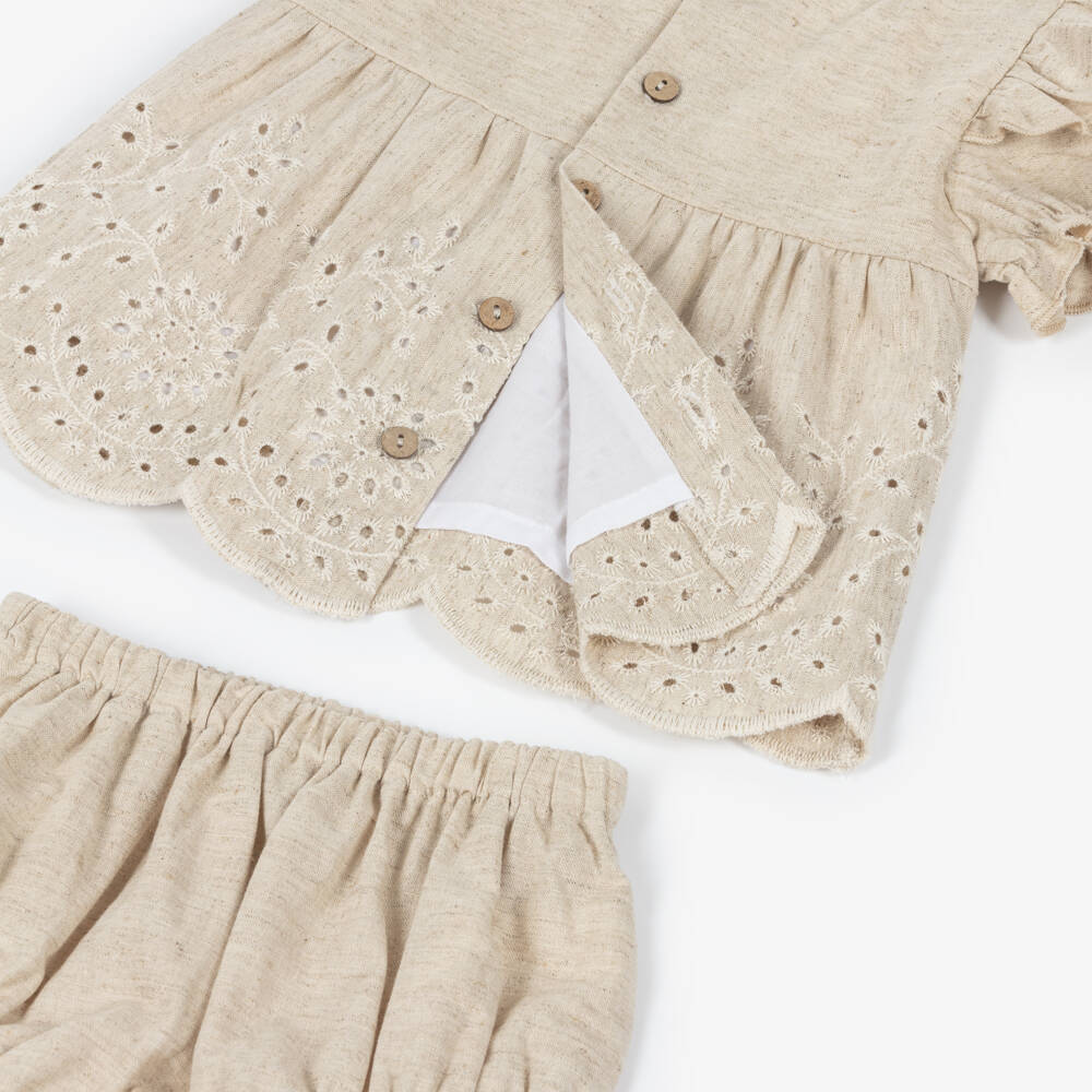 Babidu-Girls Linen & Cotton Beige Frock | Childrensalon Outlet