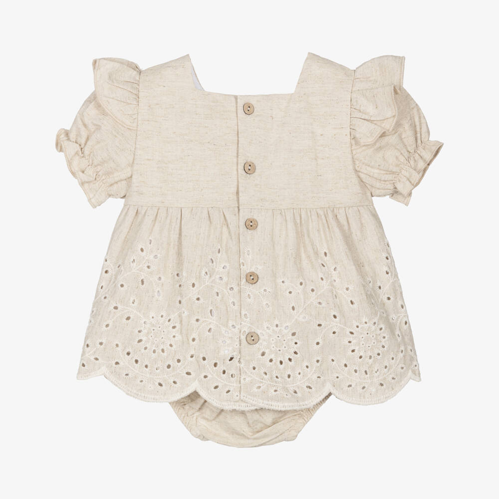 Babidu-Girls Linen & Cotton Beige Frock | Childrensalon Outlet