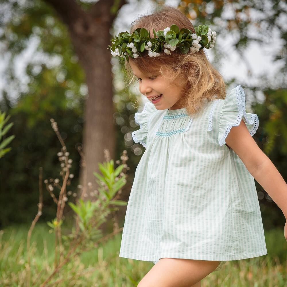 Babidu-فستان أطفال بناتي قطن مقلم لون أخضر نعناعي | Childrensalon Outlet