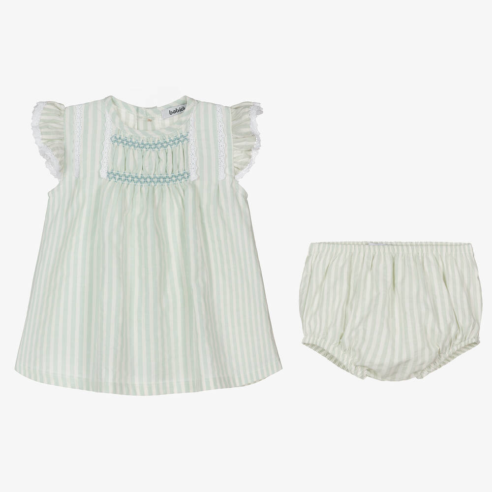 Babidu-فستان أطفال بناتي قطن مقلم لون أخضر نعناعي | Childrensalon Outlet