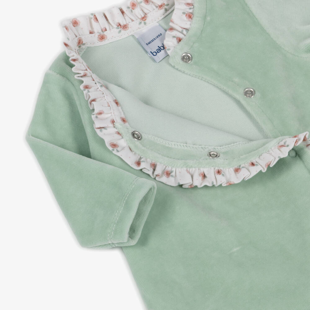 Babidu-Girls Mint Green Velour Babygrow with Floral Trim | Childrensalon Outlet