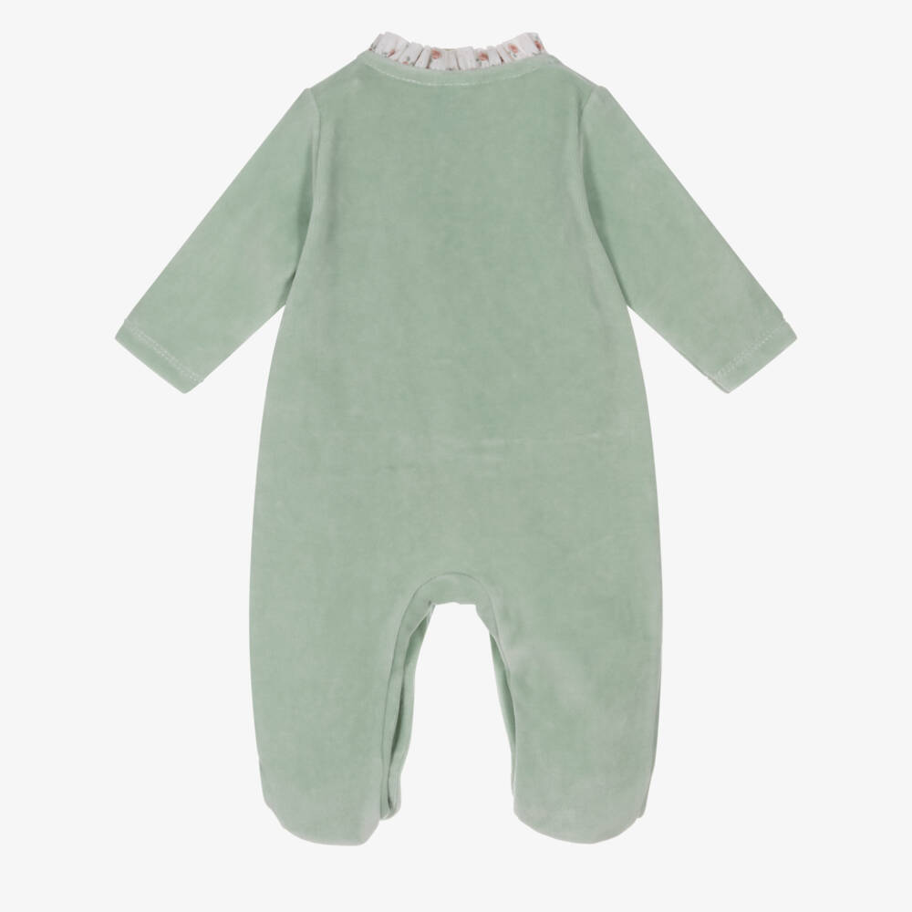 Babidu-Girls Mint Green Velour Babygrow with Floral Trim | Childrensalon Outlet