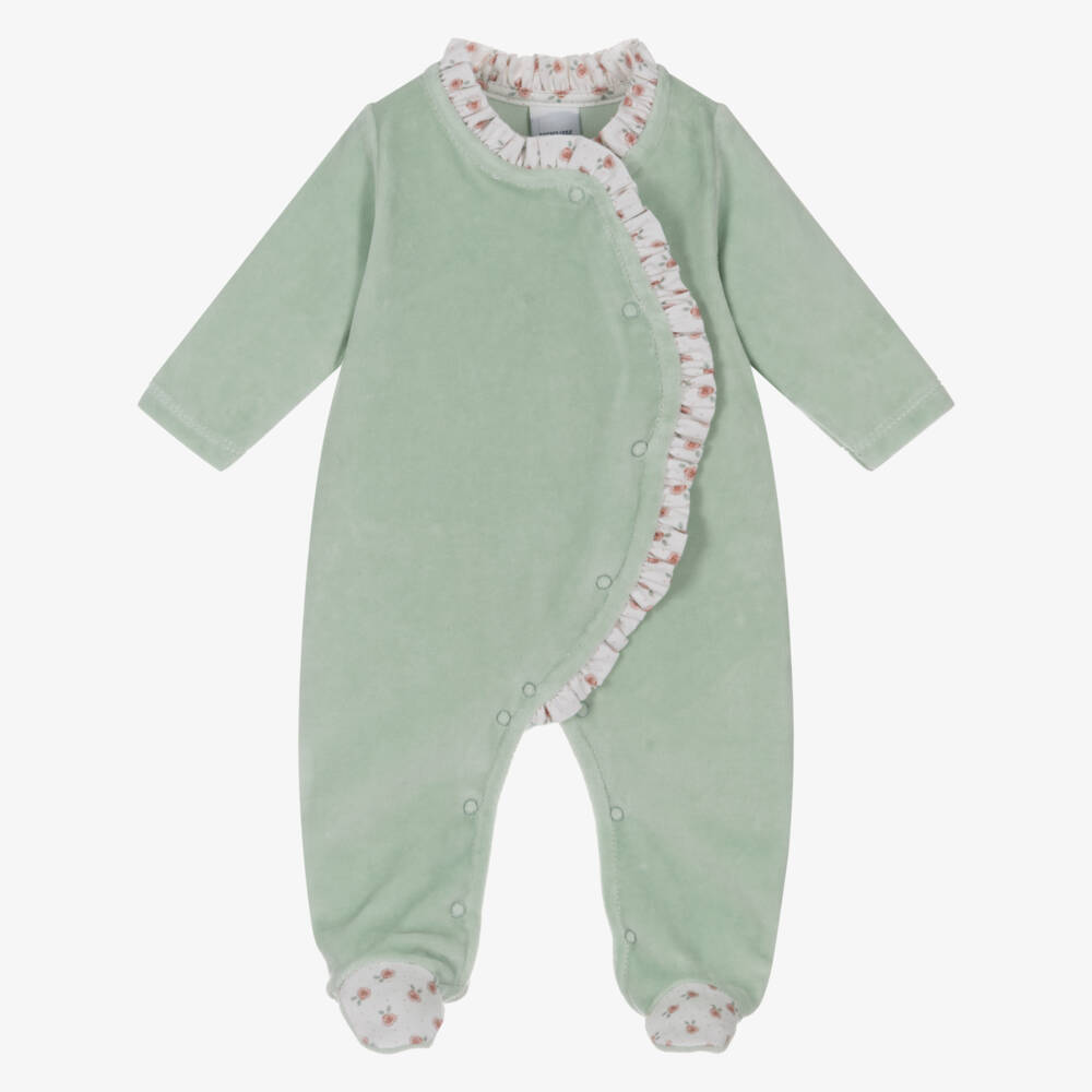 Babidu-Girls Mint Green Velour Babygrow with Floral Trim  | Childrensalon Outlet
