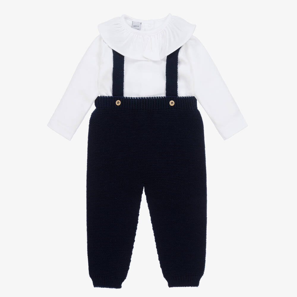 Babidu - Girls Navy Blue Knitted Trouser Set | Childrensalon
