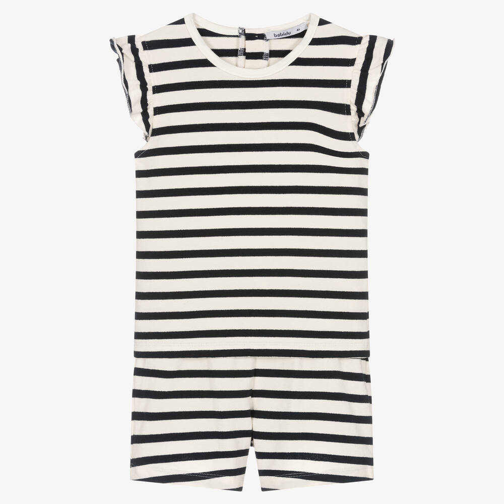 Babidu - Girls Navy Blue Striped Cotton Shorts Set | Childrensalon