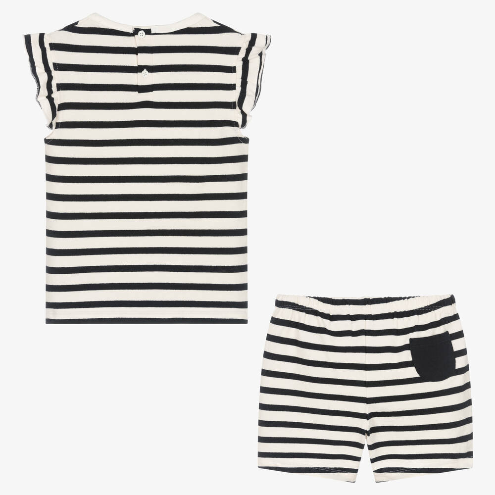 Babidu-Girls Navy Blue Striped Cotton Shorts Set | Childrensalon Outlet