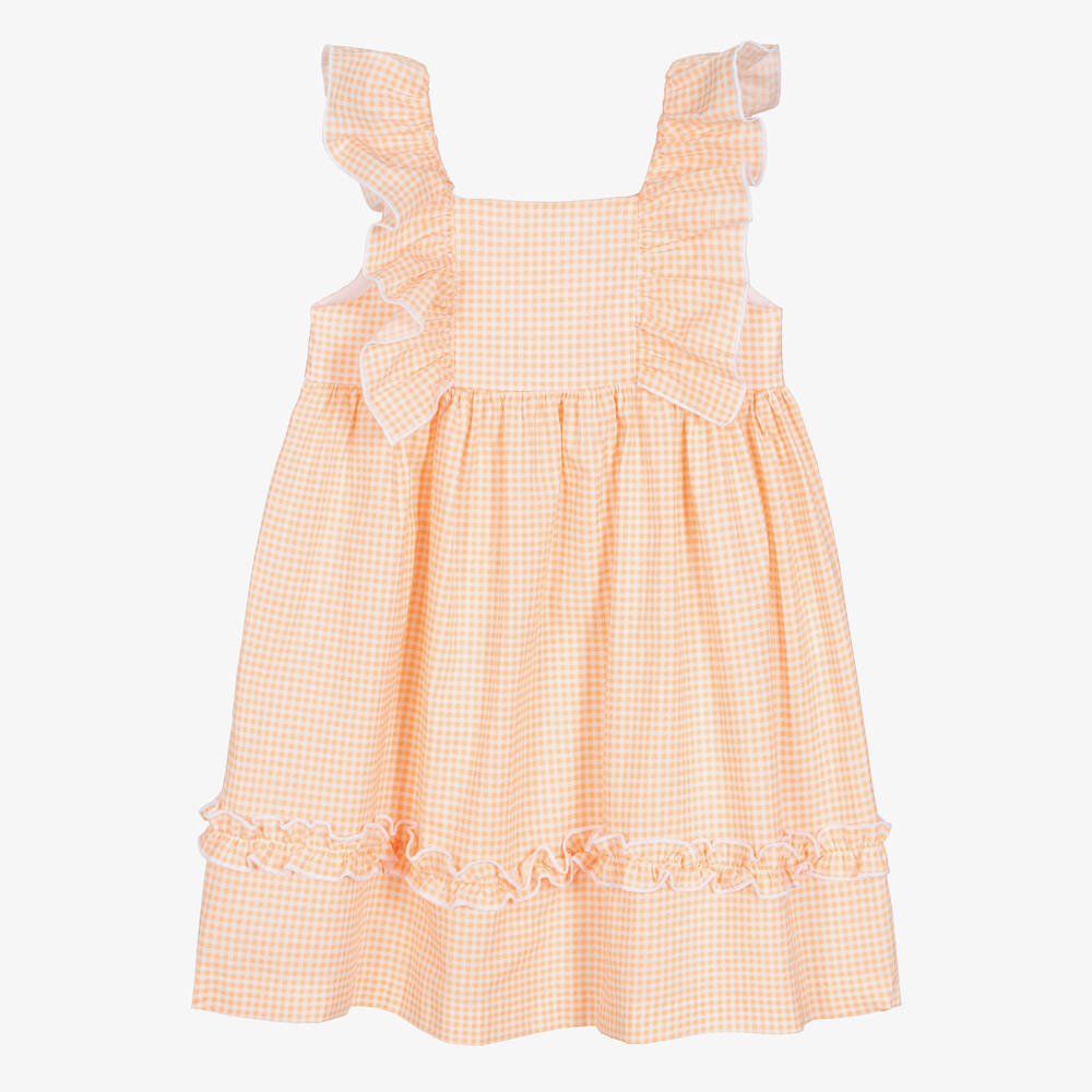 Babidu - Girls Orange Cotton Gingham Dress | Childrensalon