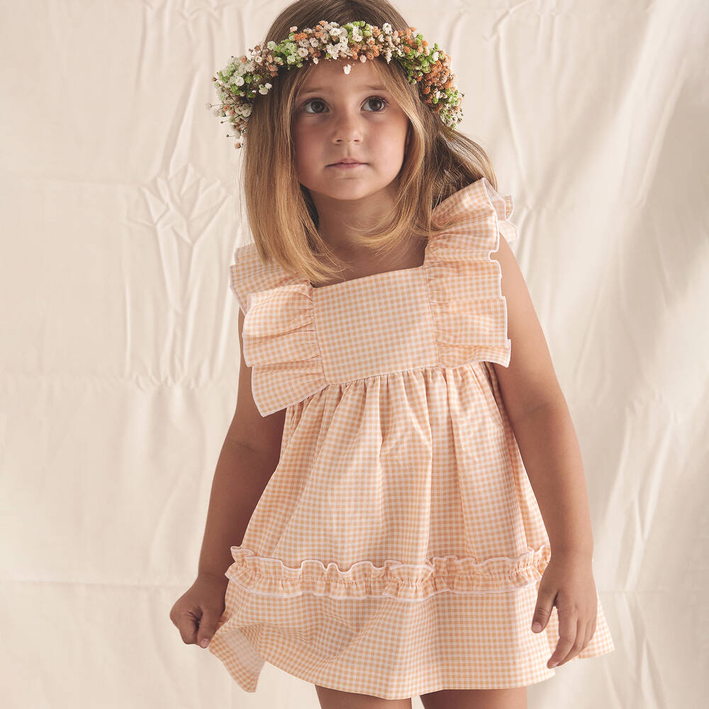 Babidu-Girls Orange Cotton Gingham Dress | Childrensalon Outlet