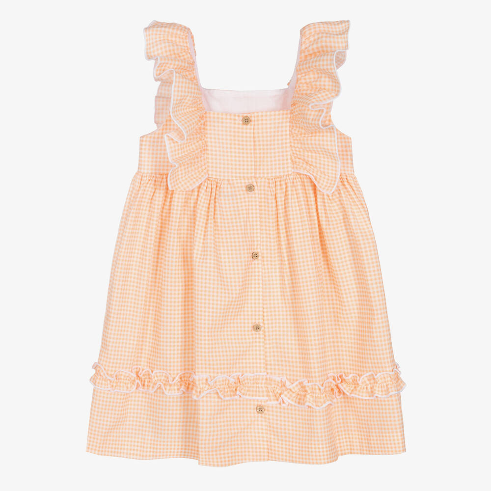 Babidu-Girls Orange Cotton Gingham Dress | Childrensalon Outlet