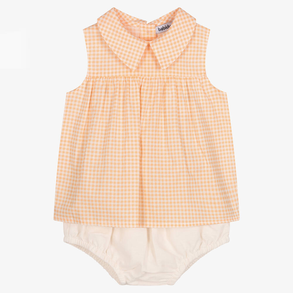 Babidu-Girls Orange Gingham Cotton Shorts Set | Childrensalon Outlet