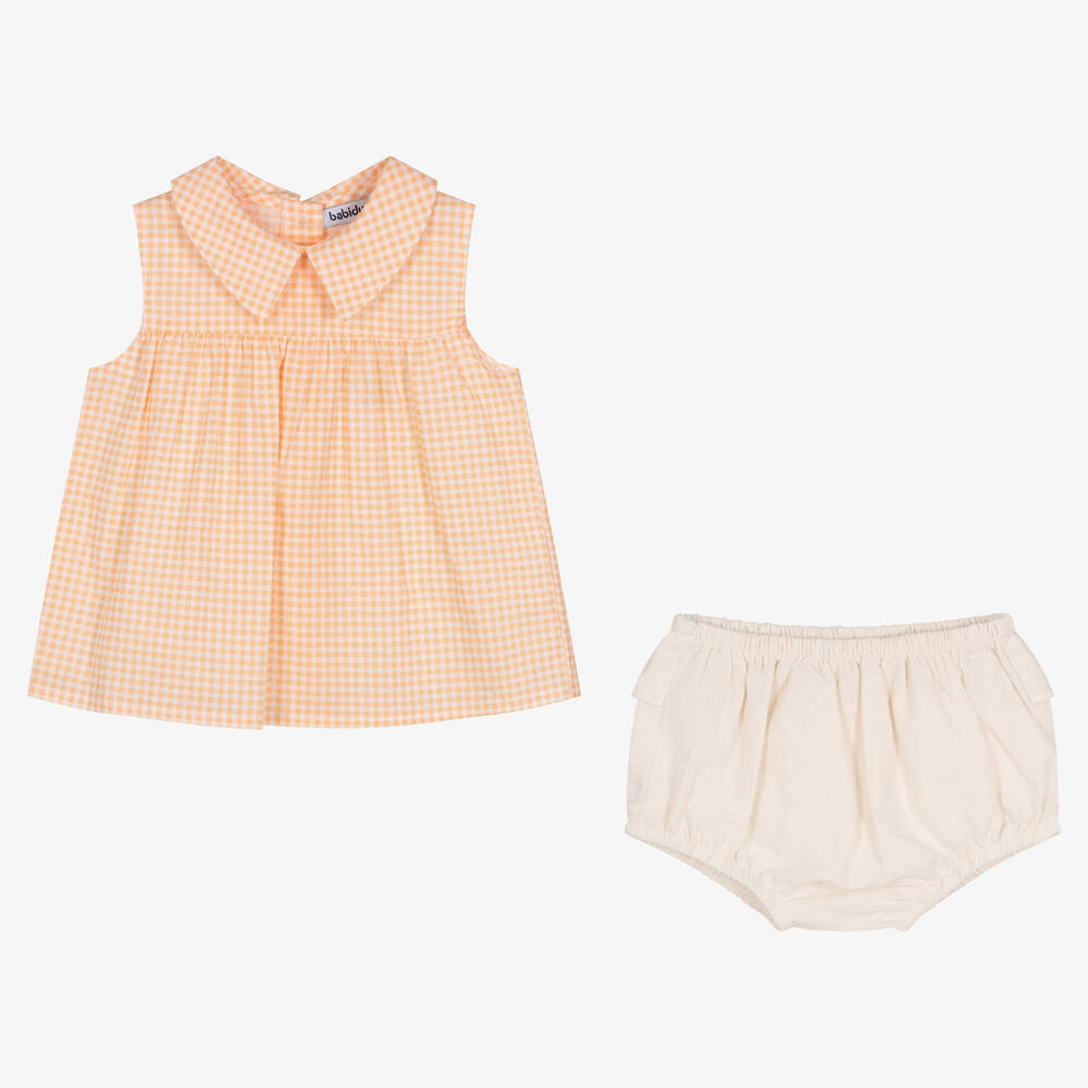 Babidu-Girls Orange Gingham Cotton Shorts Set | Childrensalon Outlet