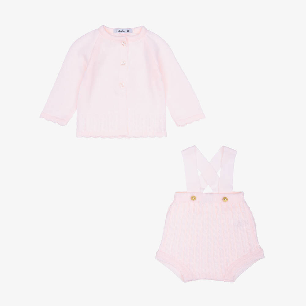 Babidu-Girls Pale Pink Cable Knit Cardigan & Shorts Set | Childrensalon Outlet