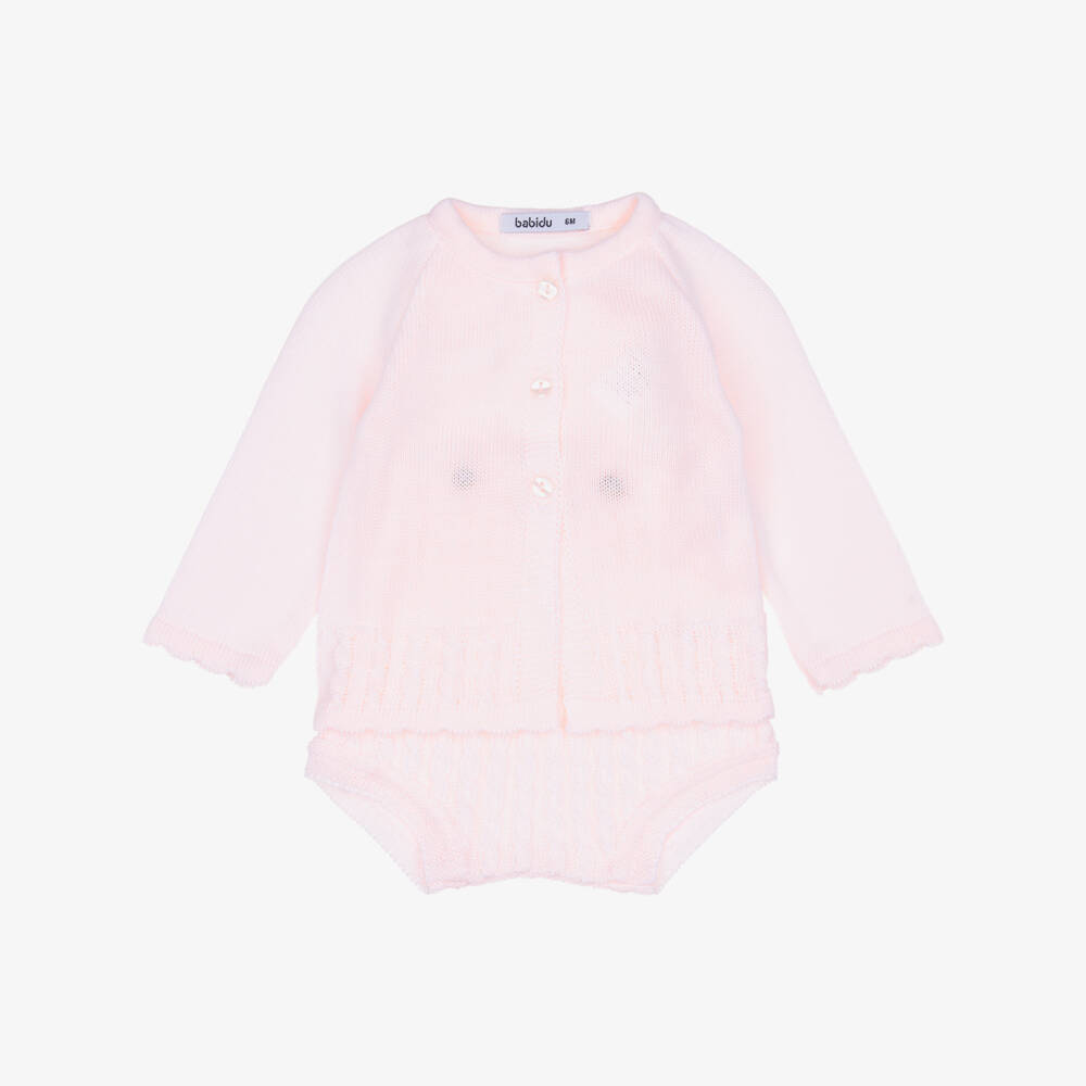 Babidu-Girls Pale Pink Cable Knit Cardigan & Shorts Set | Childrensalon Outlet