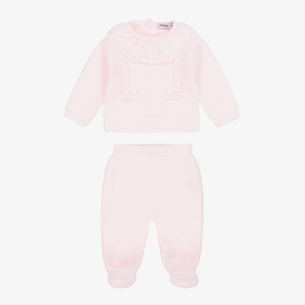 Babidu-Girls Pale Pink Knitted 2 Piece Babysuit Set | Childrensalon Outlet