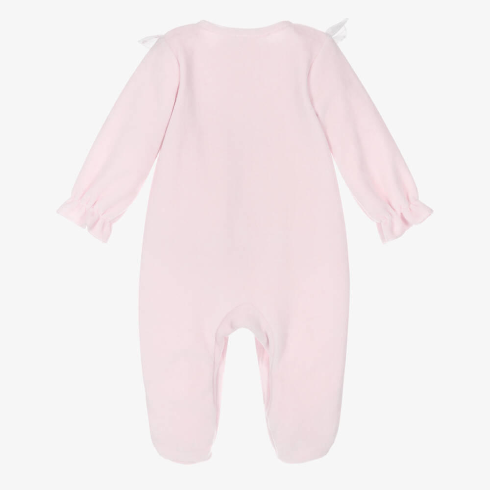 Babidu-Girls Pale Pink Velour Babygrow with Moons & Stars Ruffle | Childrensalon Outlet