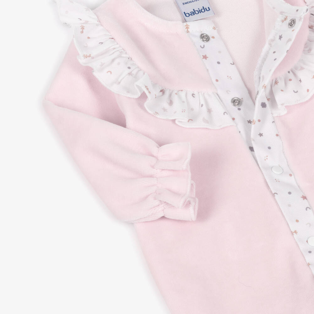 Babidu-Girls Pale Pink Velour Babygrow with Moons & Stars Ruffle | Childrensalon Outlet
