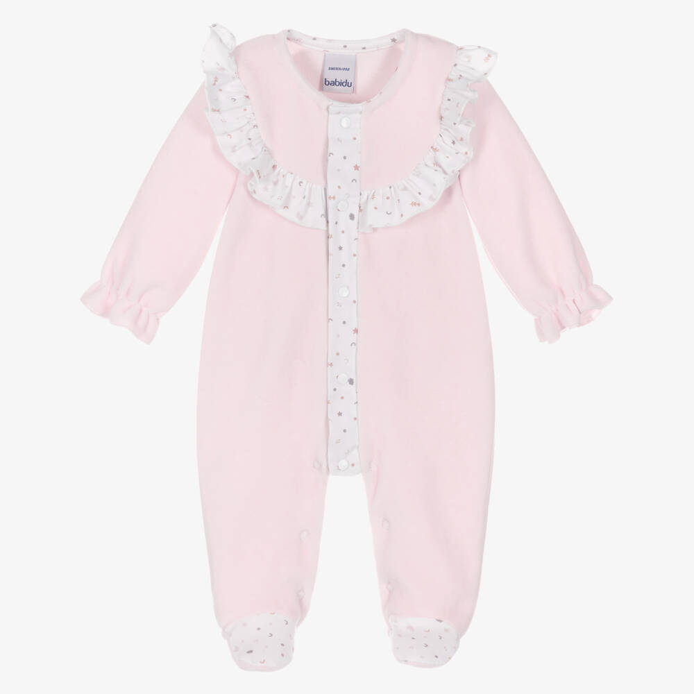 Babidu-Girls Pale Pink Velour Babygrow with Moons & Stars Ruffle | Childrensalon Outlet