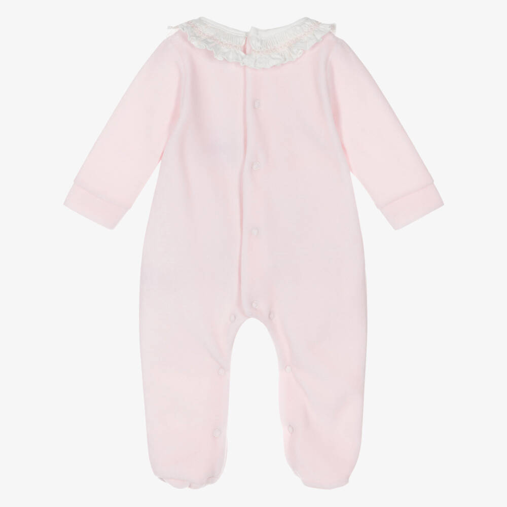 Babidu-Girls Pale Pink Velour Babygrow with Ruffle Collar | Childrensalon Outlet
