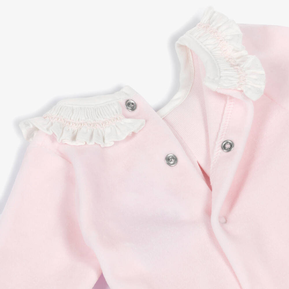 Babidu-Girls Pale Pink Velour Babygrow with Ruffle Collar | Childrensalon Outlet