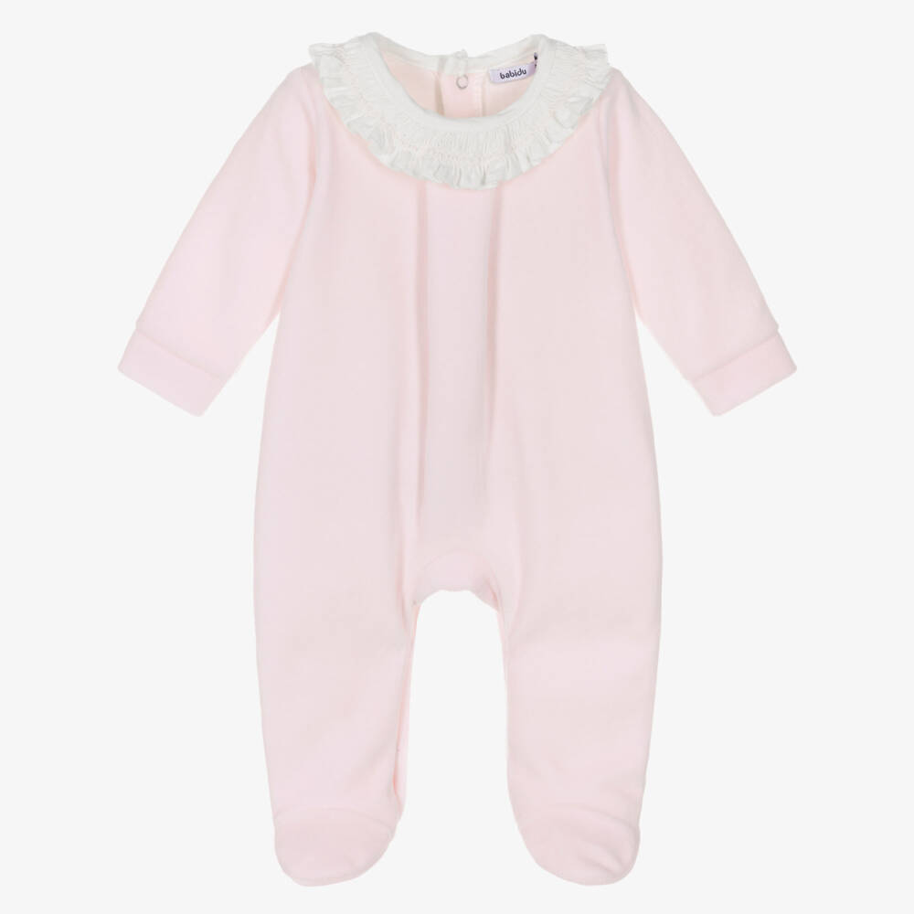 Babidu-Girls Pale Pink Velour Babygrow with Ruffle Collar | Childrensalon Outlet