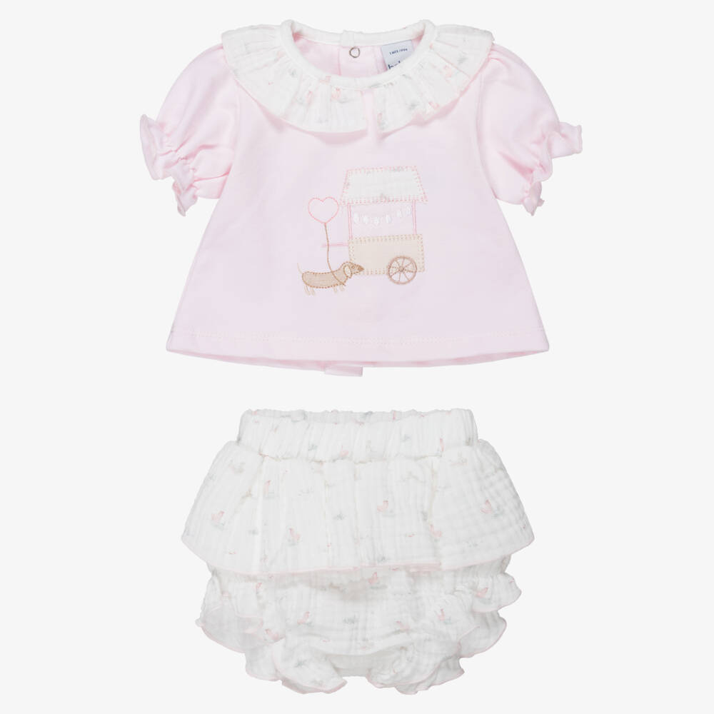 Babidu-Girls Pale Pink & White Ruffle Shorts Set | Childrensalon Outlet