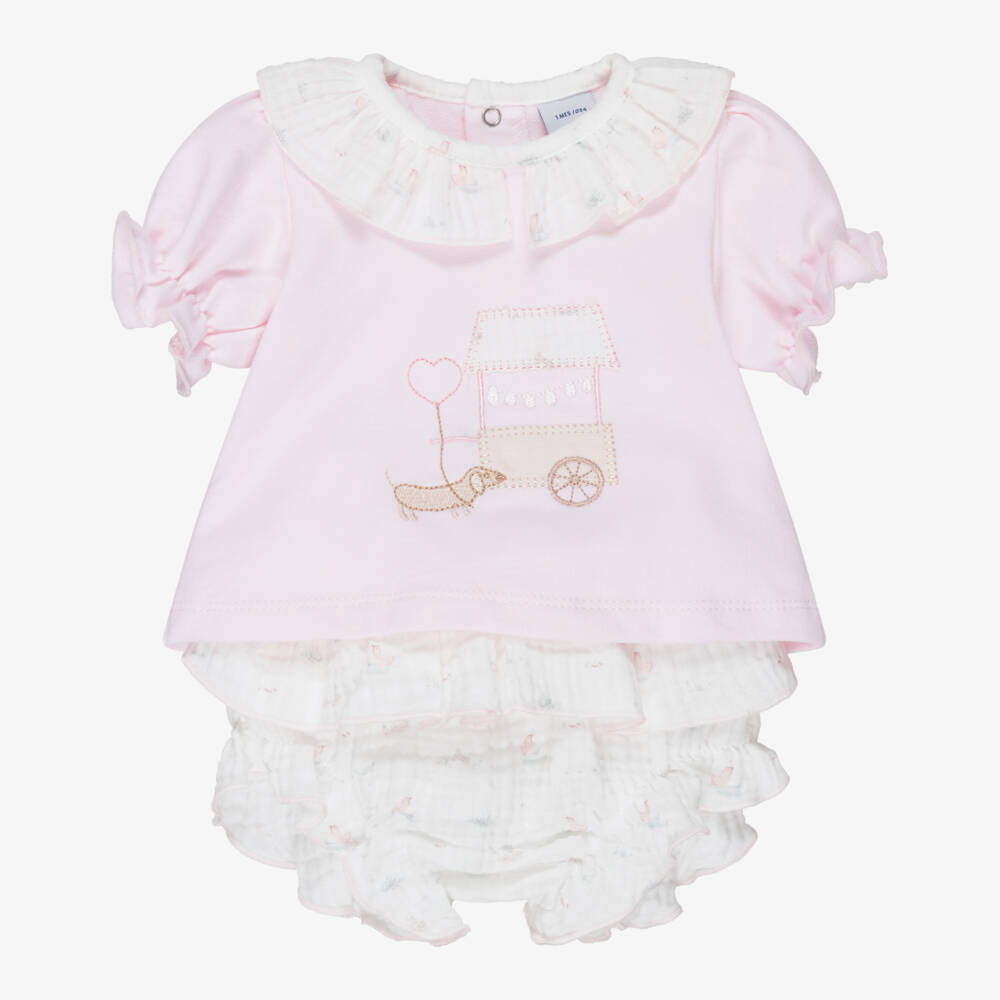 Babidu-Girls Pale Pink & White Ruffle Shorts Set | Childrensalon Outlet