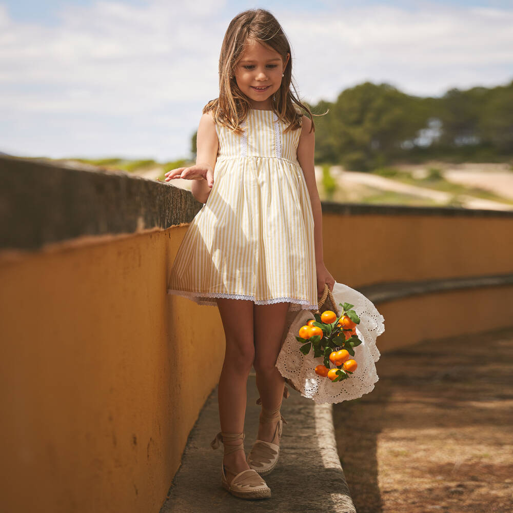 Babidu-Girls Pale Yellow & White Striped Cotton Dress | Childrensalon Outlet