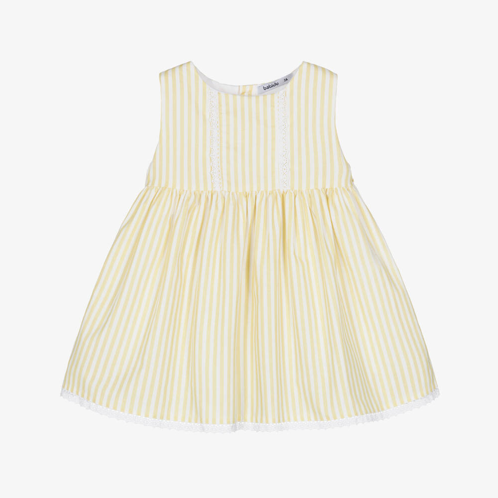 Babidu-Girls Pale Yellow & White Striped Cotton Dress | Childrensalon Outlet
