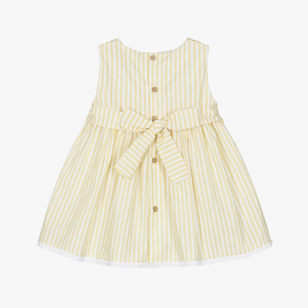 Babidu-Girls Pale Yellow & White Striped Cotton Dress | Childrensalon Outlet