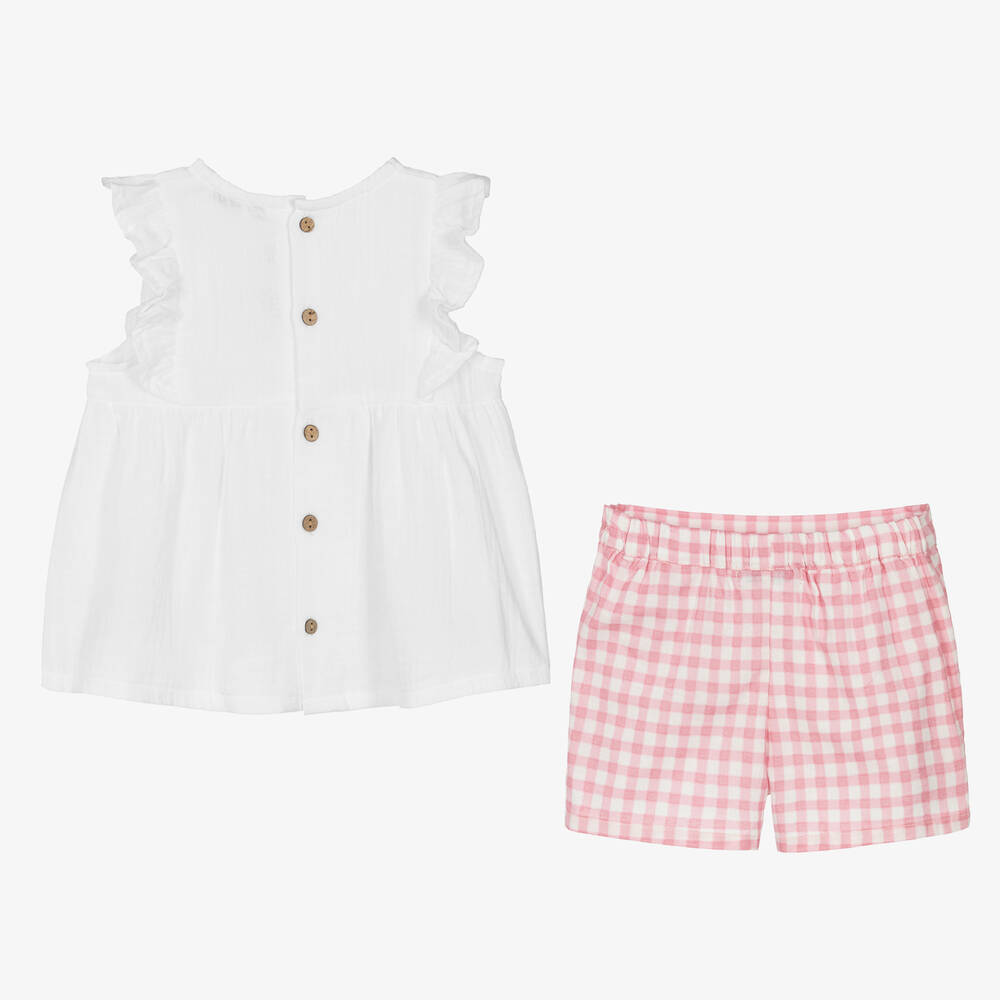 بابيدو -طقم شورت كاروهات قطن موسلين لون أبيض و زهري للبنات | Childrensalon Outlet