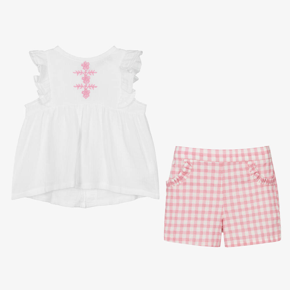 بابيدو -طقم شورت كاروهات قطن موسلين لون أبيض و زهري للبنات | Childrensalon Outlet