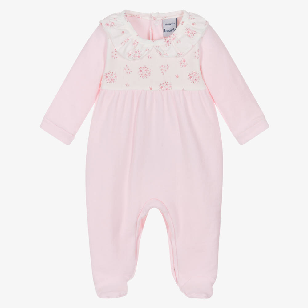 Babidu-Girls Pink Cotton Babygrow with Floral Bodice | Childrensalon Outlet