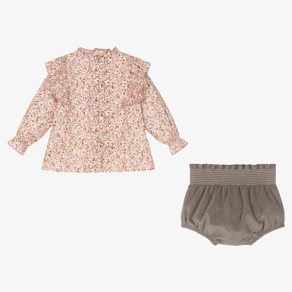 Babidu-Girls Pink Cotton Floral Shorts Set | Childrensalon Outlet