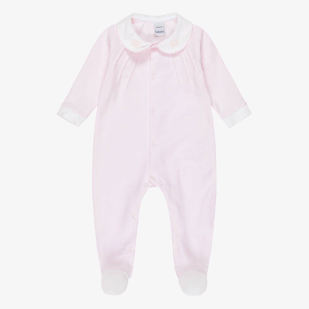 Babidu-Girls Pink Cotton Jersey Babygrow with Teddy Motifs | Childrensalon Outlet