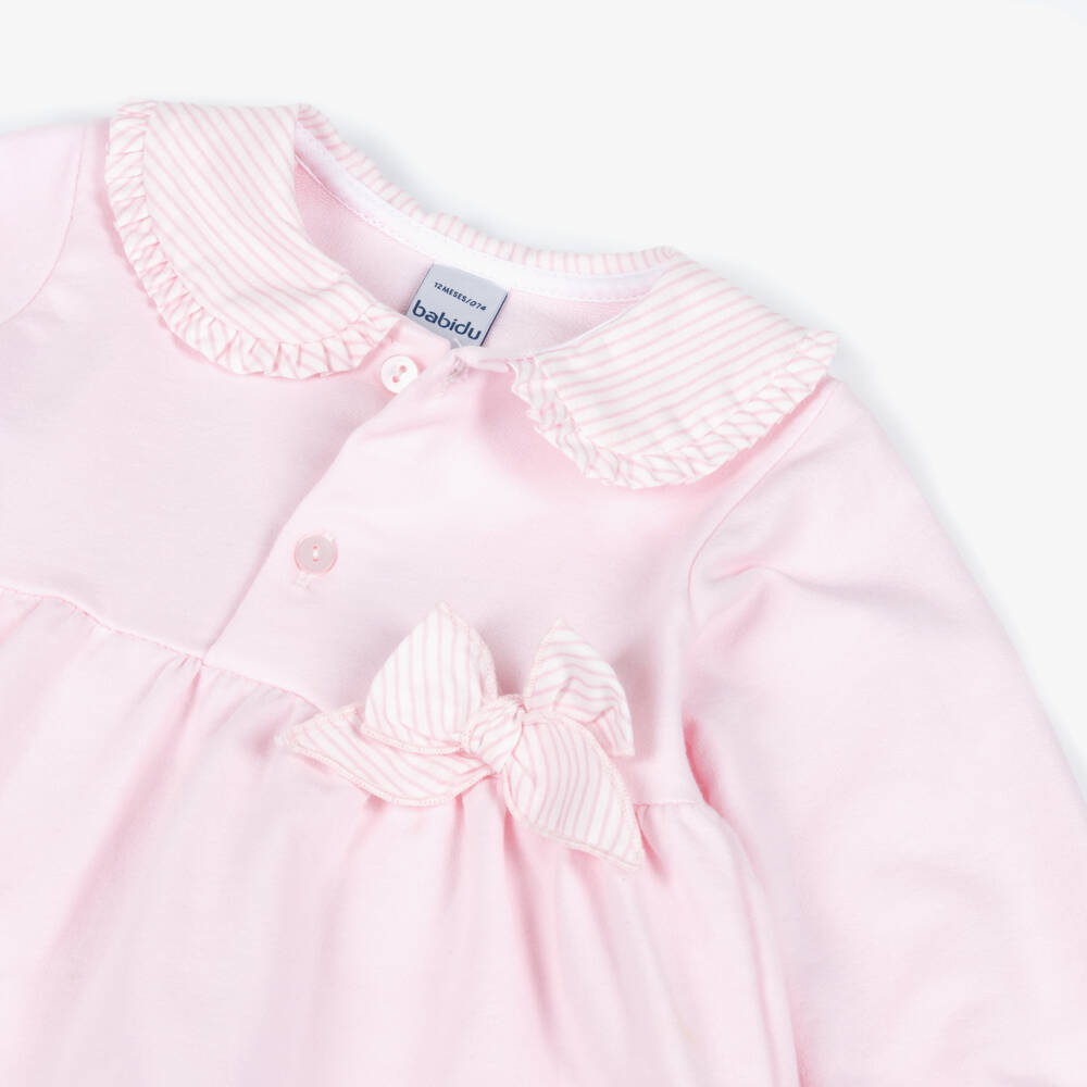 Babidu-Girls Pink Cotton Jersey Trousers Set with Striped Trims | Childrensalon Outlet