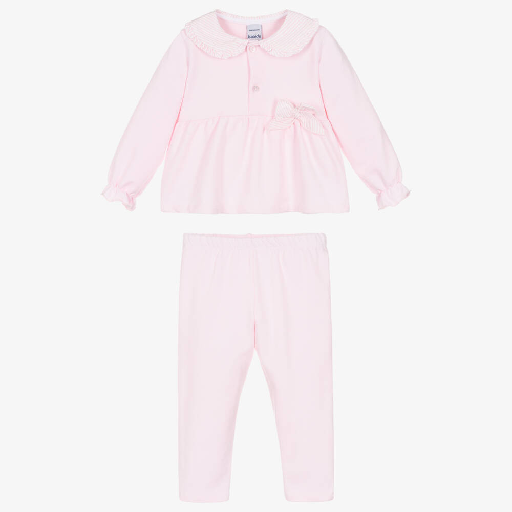 Babidu-Girls Pink Cotton Jersey Trousers Set with Striped Trims | Childrensalon Outlet