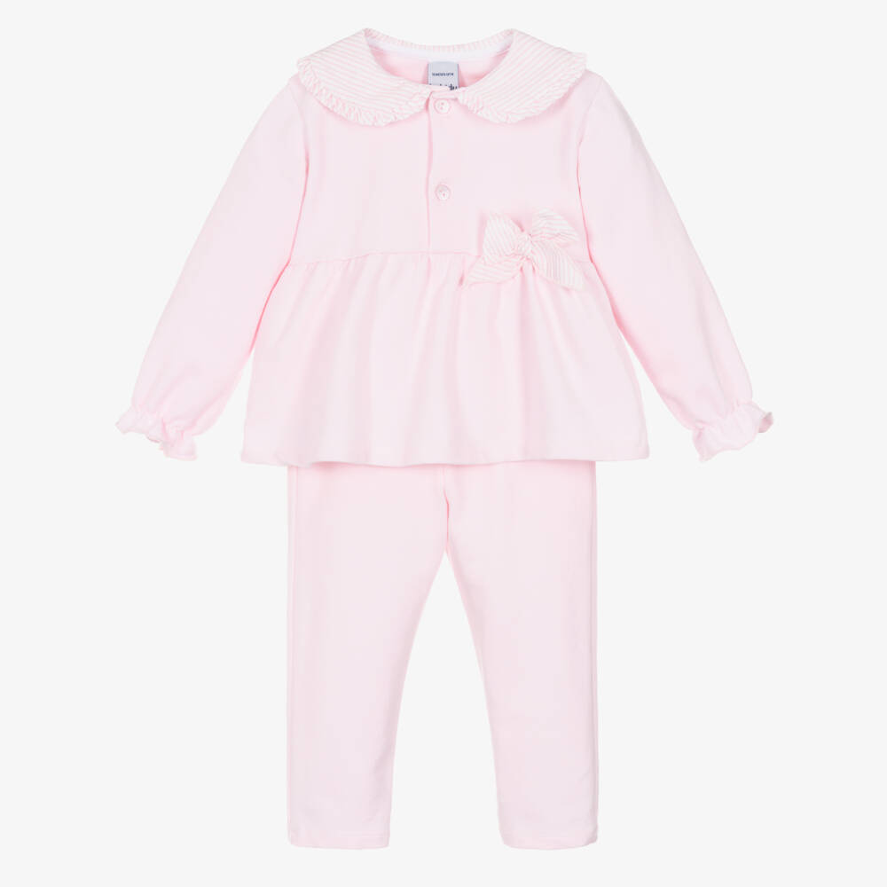 Babidu-Girls Pink Cotton Jersey Trousers Set with Striped Trims | Childrensalon Outlet