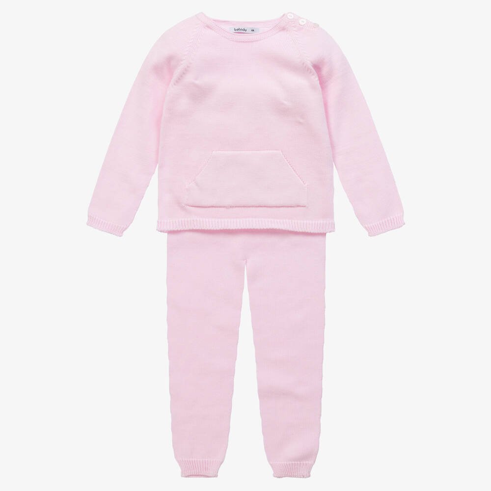 Babidu - Girls Pink Cotton Knitted Trouser Set | Childrensalon