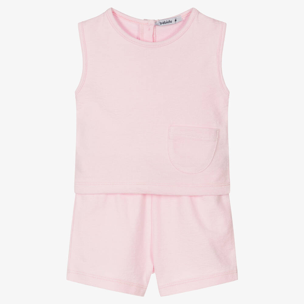 Babidu - Girls Pink Cotton Shorts Set | Childrensalon