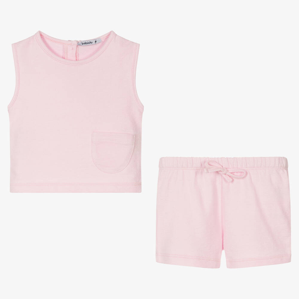 Babidu-Girls Pink Cotton Shorts Set | Childrensalon Outlet