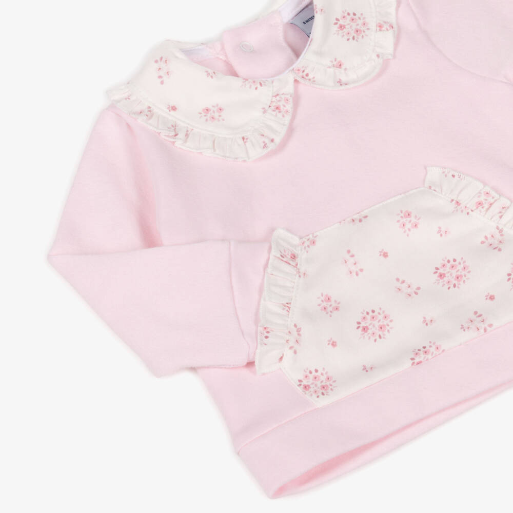 Babidu-Girls Pink Cotton Trouser Set with Floral Collar | Childrensalon Outlet