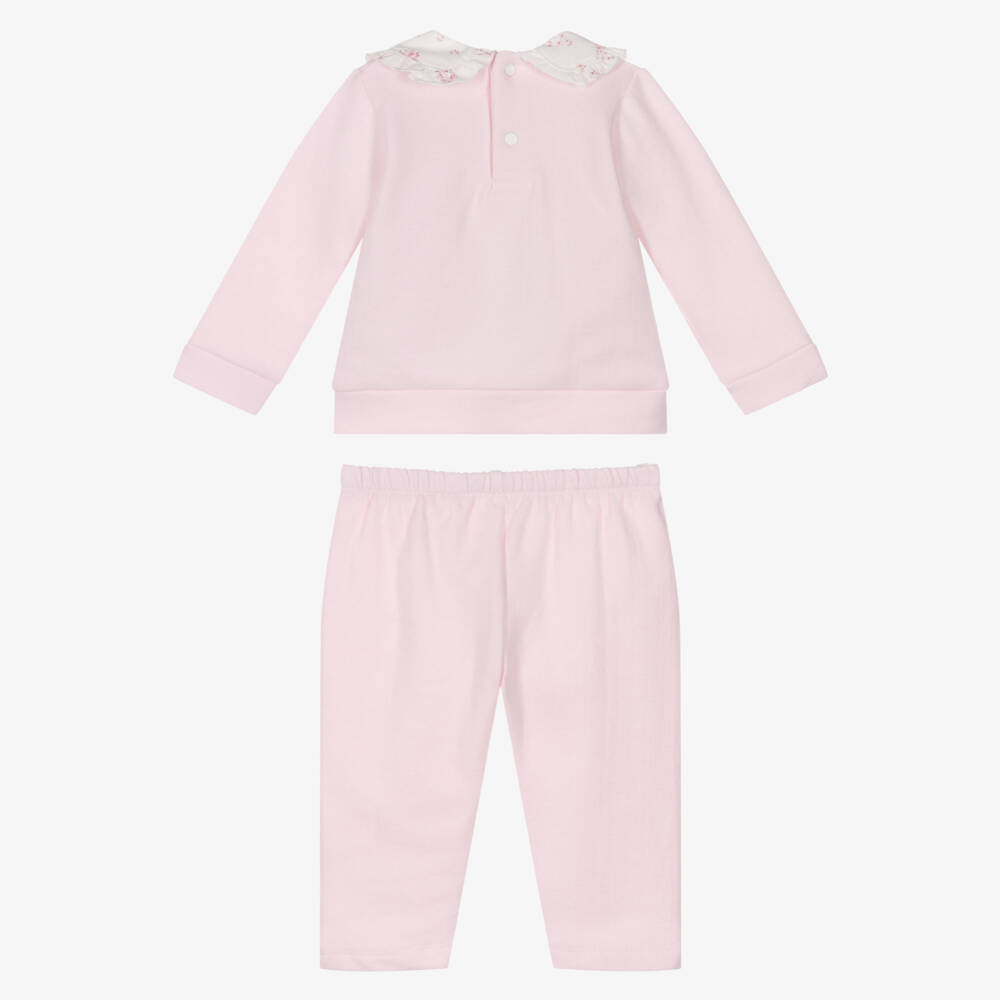 Babidu-Girls Pink Cotton Trouser Set with Floral Collar | Childrensalon Outlet