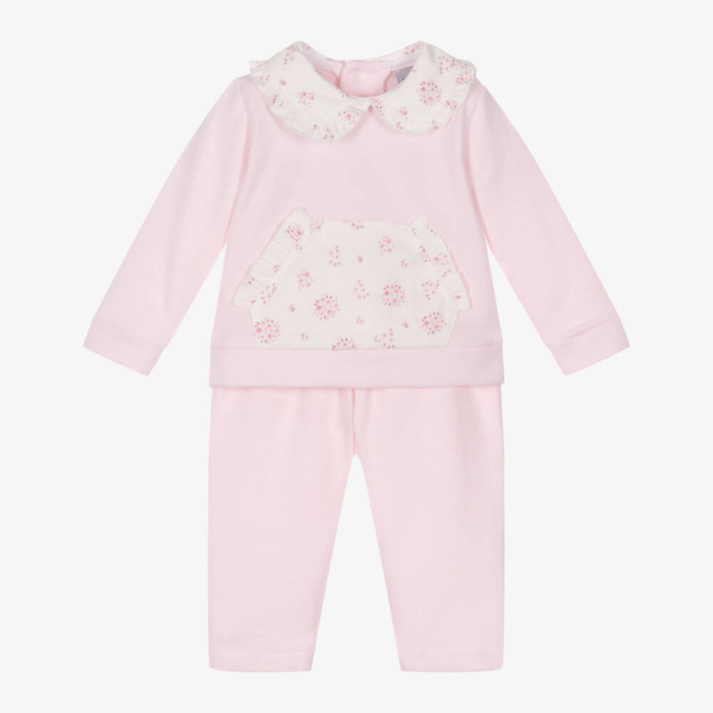Babidu-Girls Pink Cotton Trouser Set with Floral Collar | Childrensalon Outlet